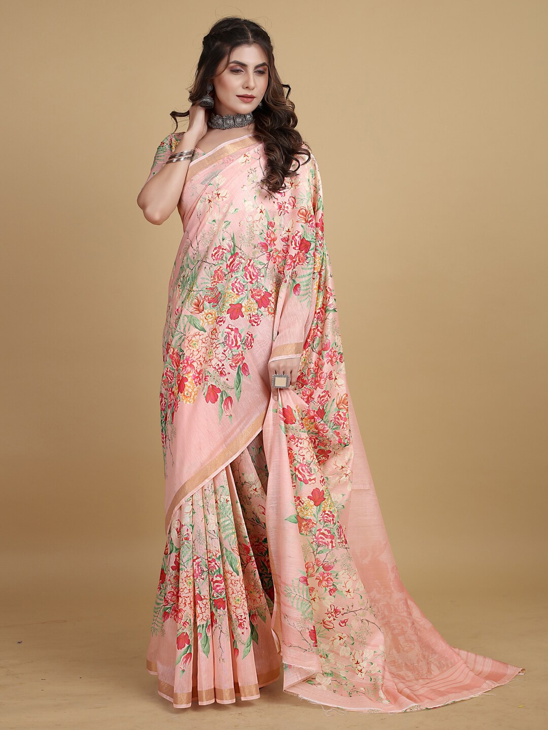 

Sangria Floral-Printed Zari Sarees, Rose gold