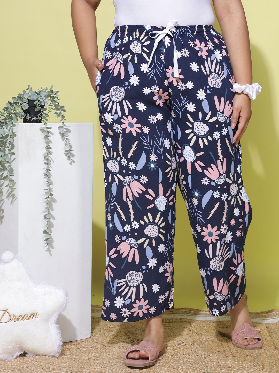 

9shines Label Women Plus Size Floral Printed Wide Leg Palazzos, Blue