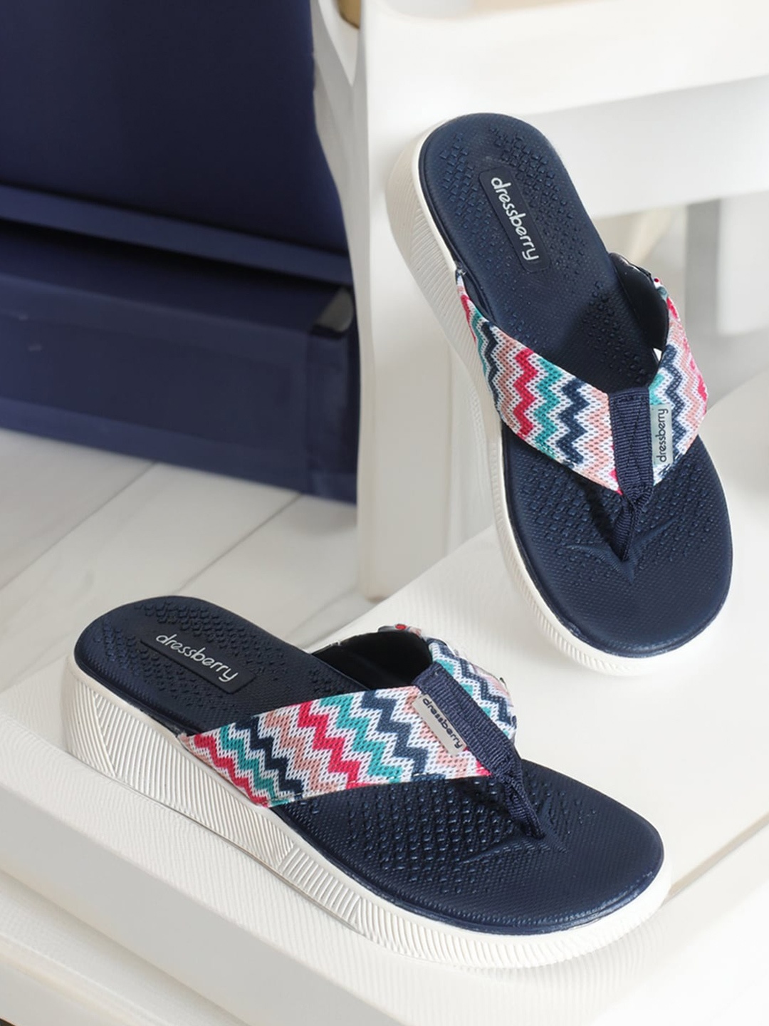 

DressBerry Women Navy Blue & White Striped Thong Flip-Flops