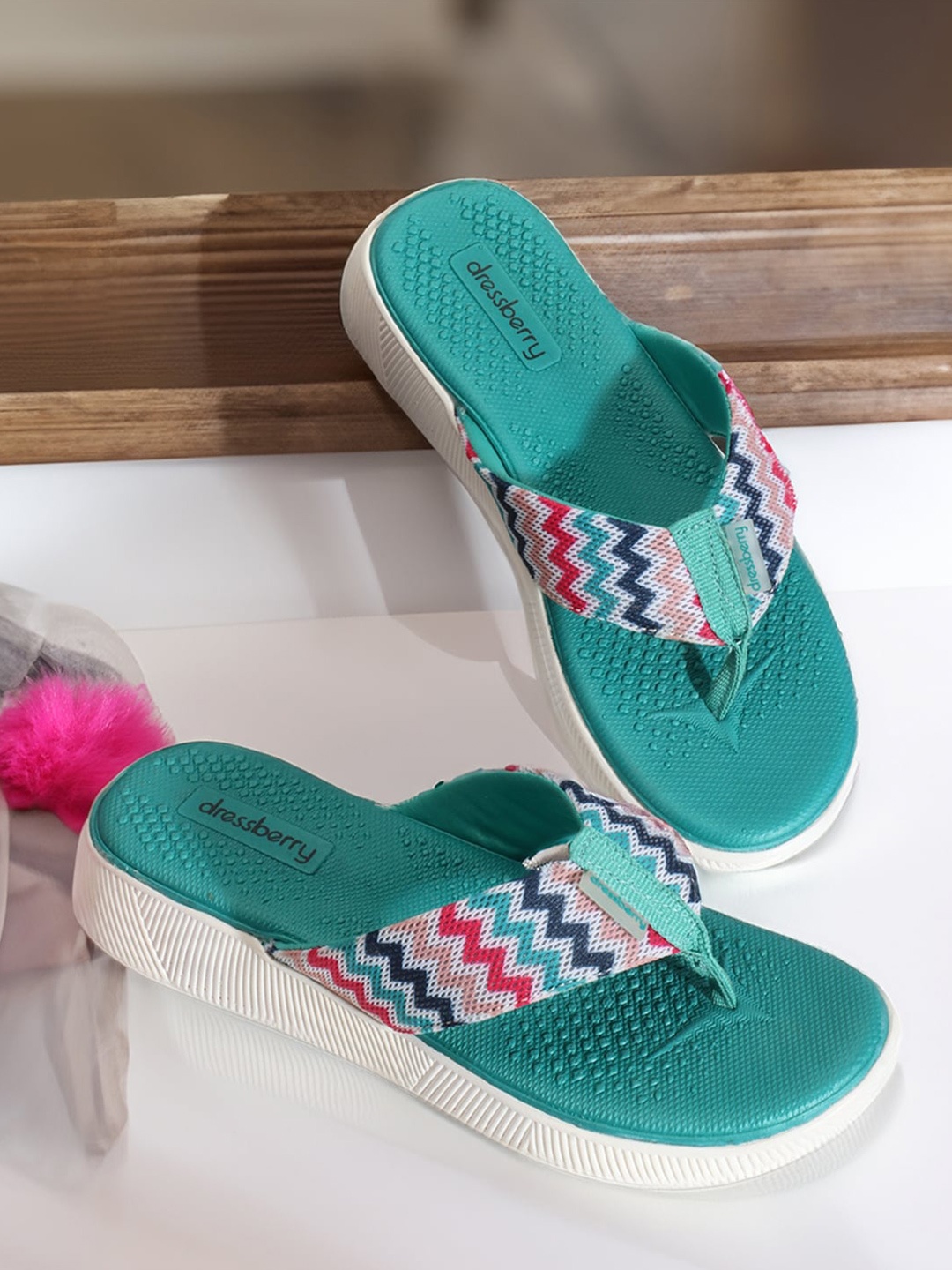 

DressBerry Women Sea Green & Red Striped Thong Flip-Flops