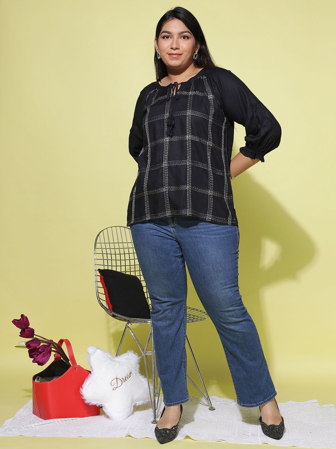 

9shines Label Plus Size Checked Regular Top, Black