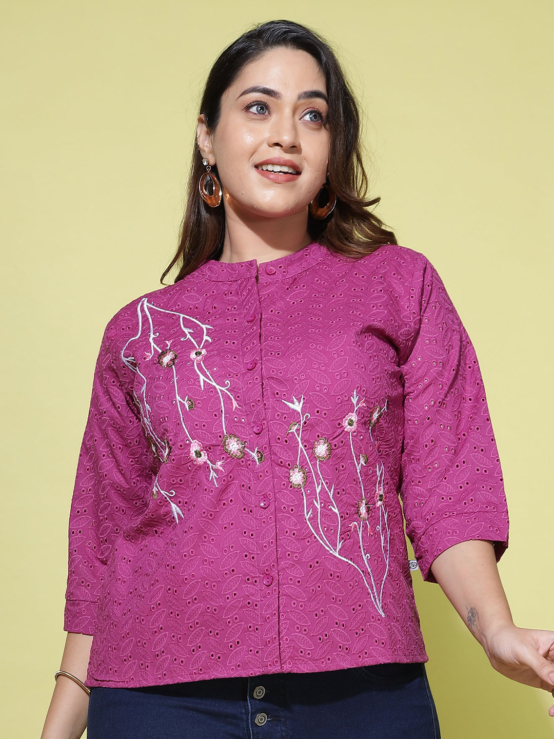 

9shines Label Plus Size Floral Embroidered Cotton Top, Violet