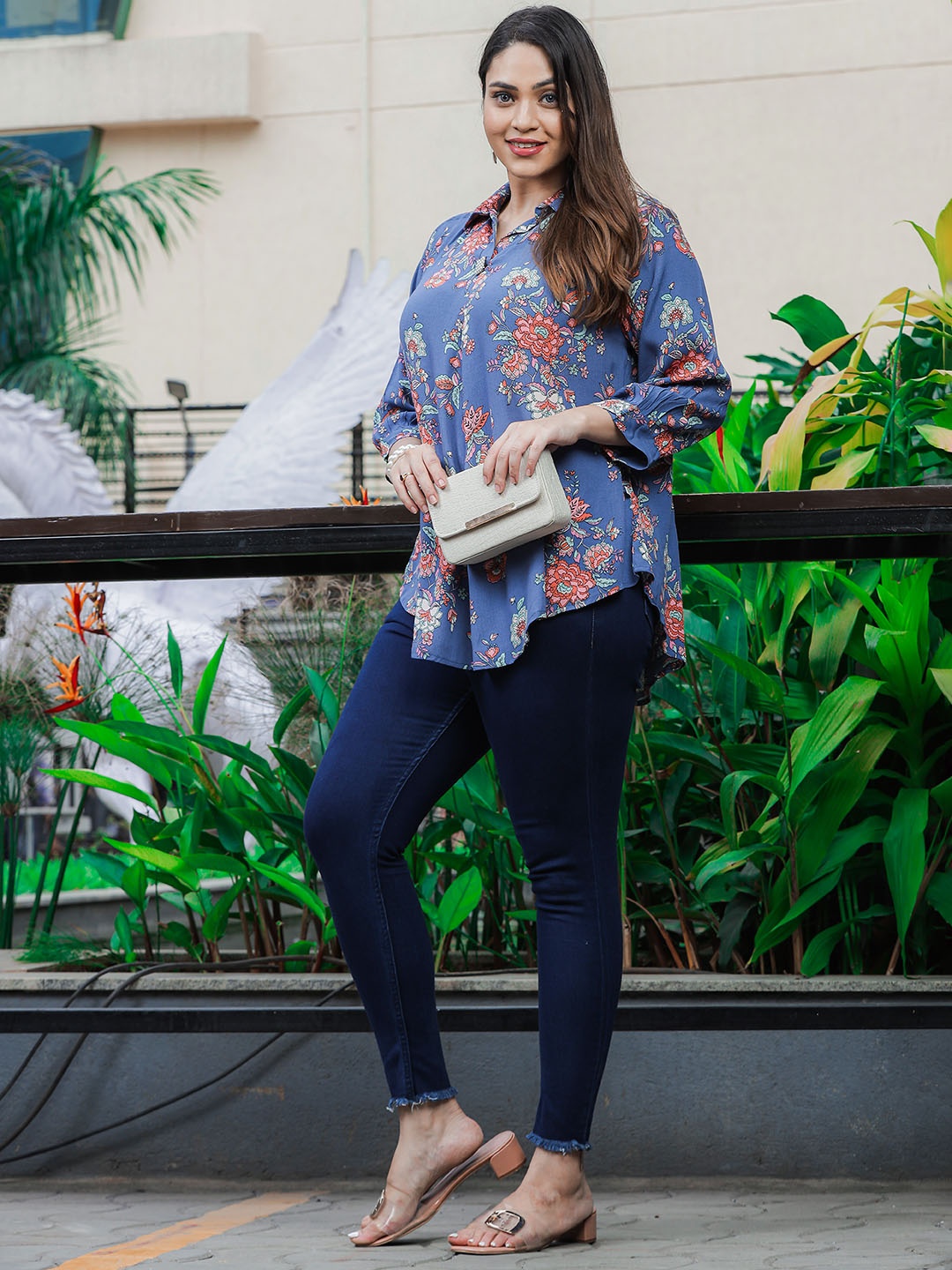 

9shines Label Plus Size Floral Printed Shirt Style Top, Blue