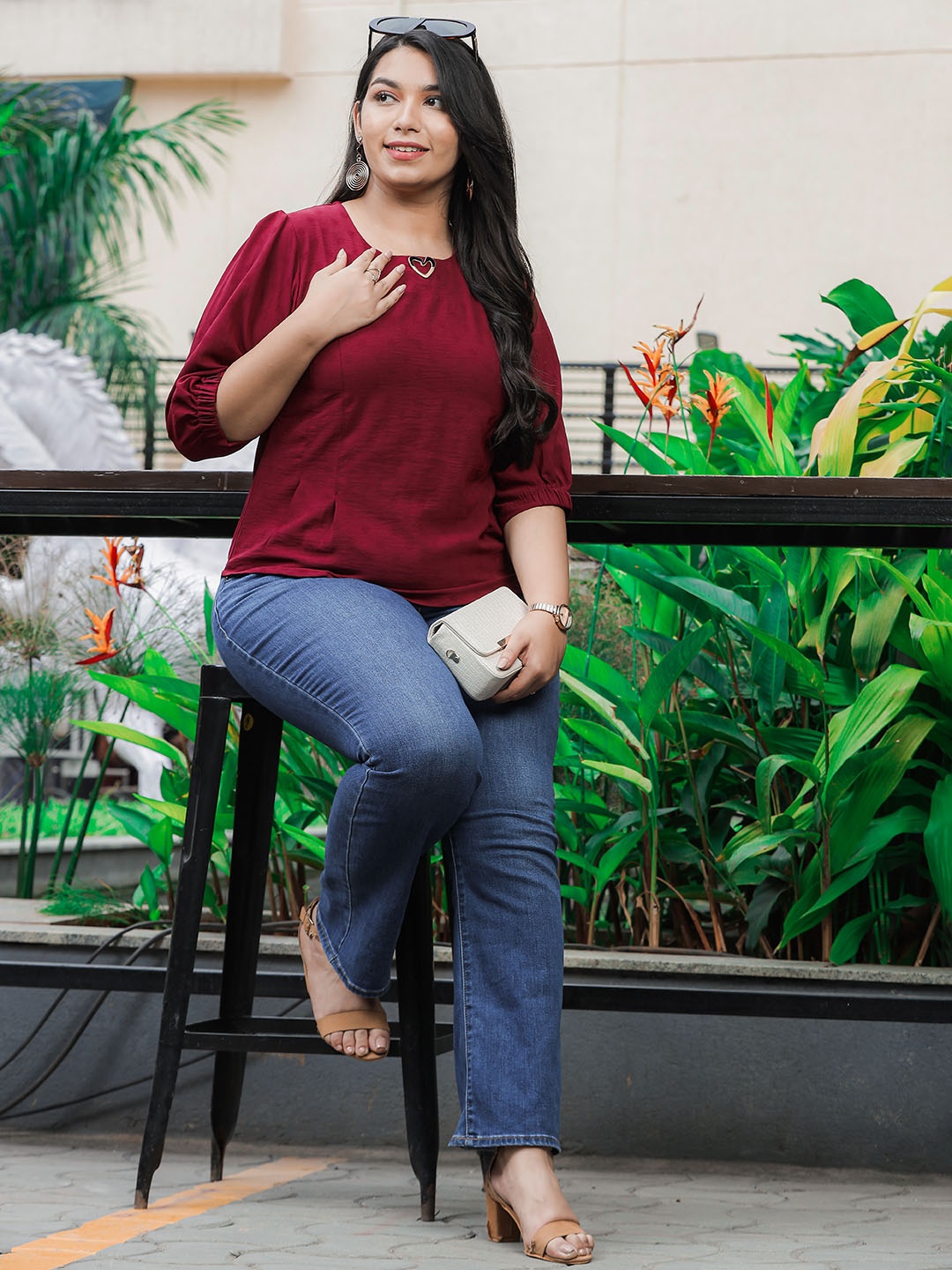 

9shines Label Plus Size Self Design Regular Top, Maroon
