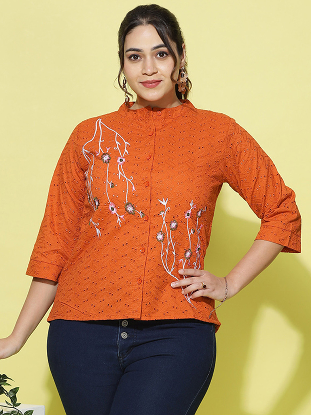 

9shines Label Plus Size Self Design Embroidered Schiffli Detail Cotton Shirt Style Top, Rust