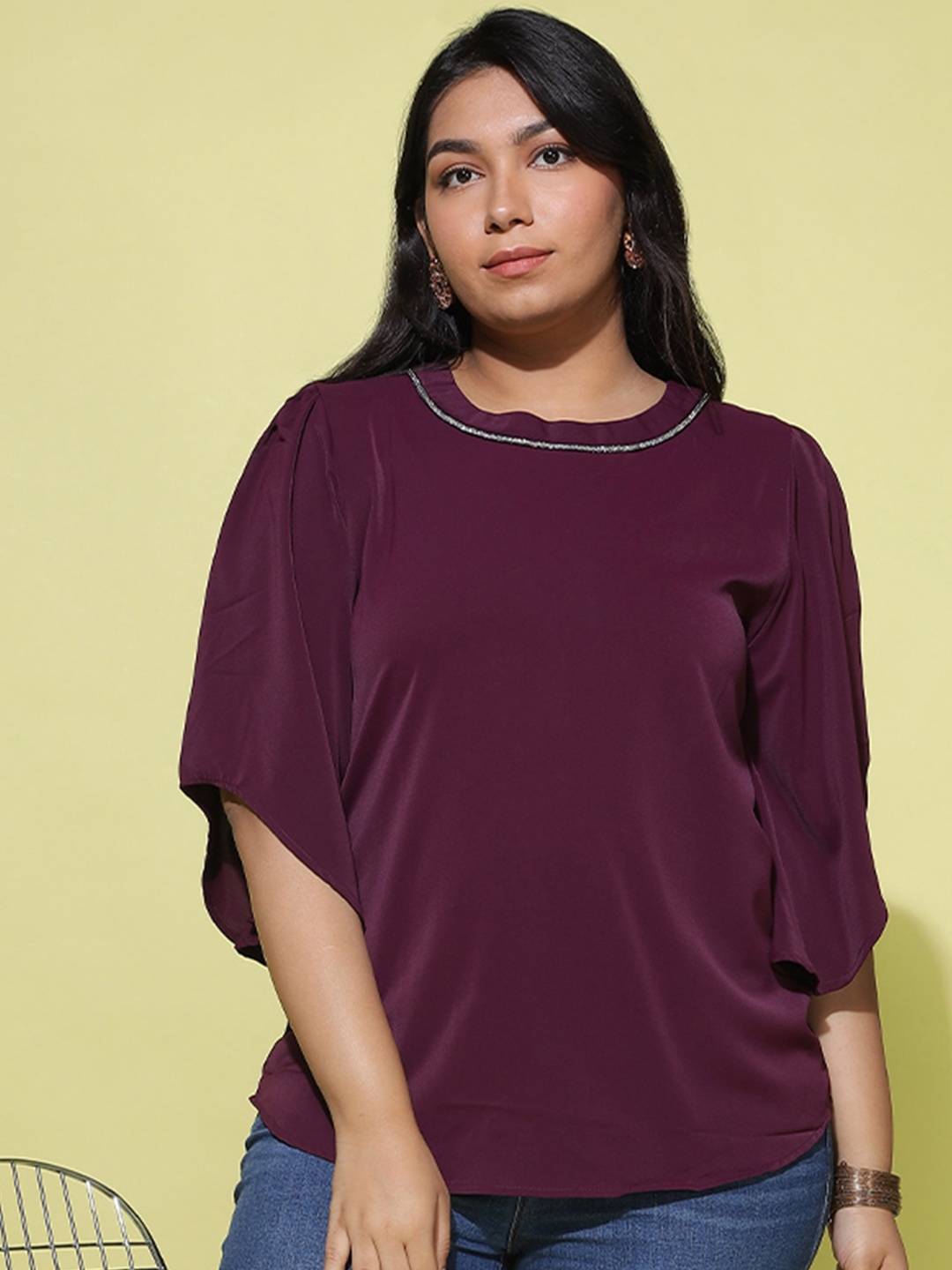 

9shines Label Plus Size Embellished Flared Sleeves Top, Maroon