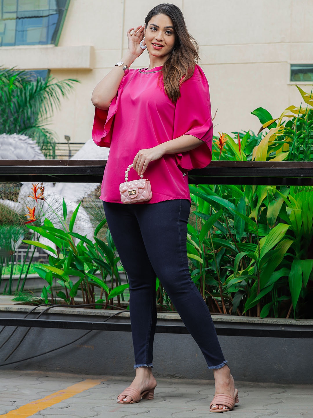9shines Label Plus Size Embellished Flared Sleeves Top, Pink