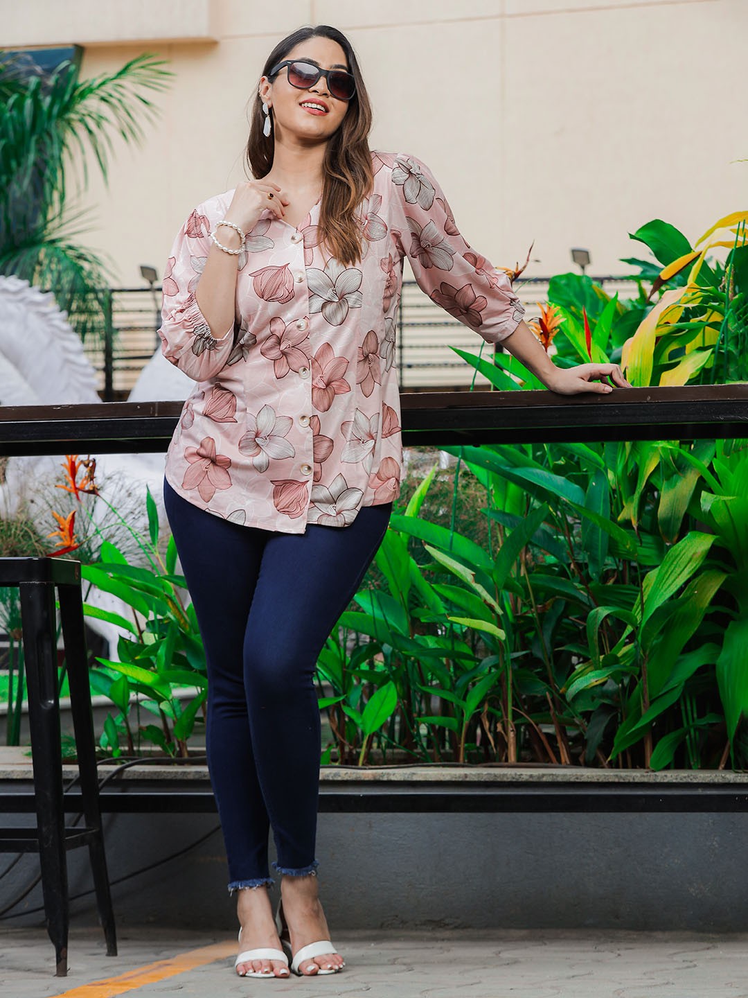 

9shines Label Plus Size Floral Printed V-Neck Puff Sleeves Shirt Style Top, Peach