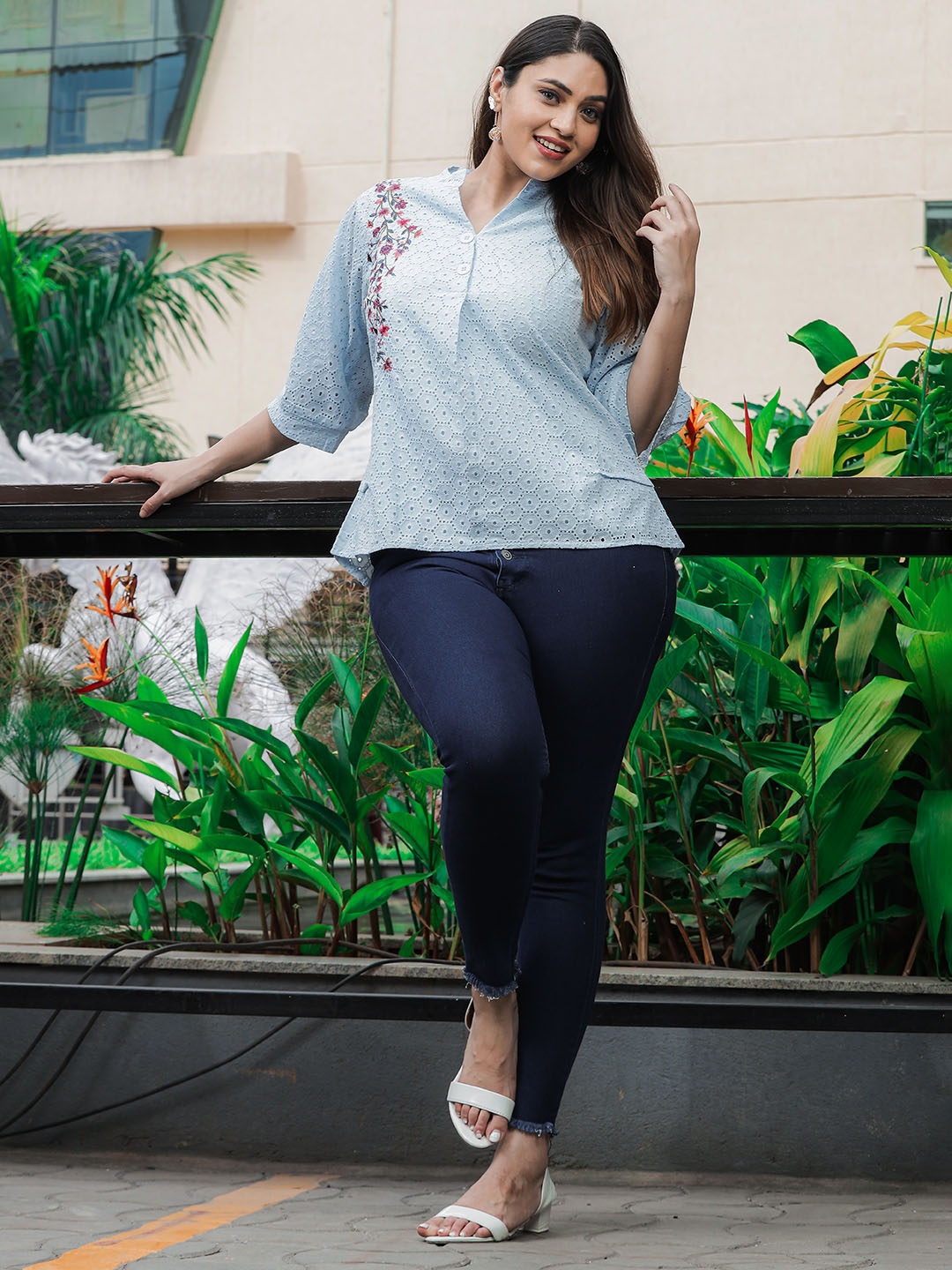 

9shines Label Plus Size Self Design Embroidered Schiffli Detail Mandarin Collar Cotton Top, Blue