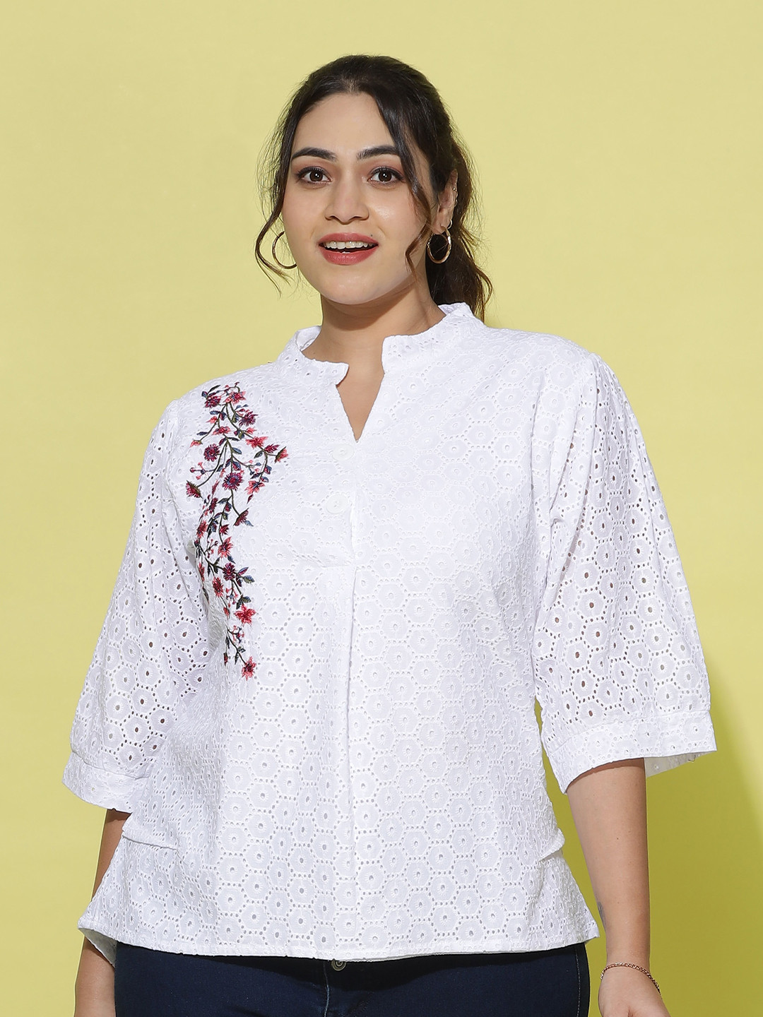 

9shines Label Plus Size Floral Self Design Cotton Flared Sleeves Top, White