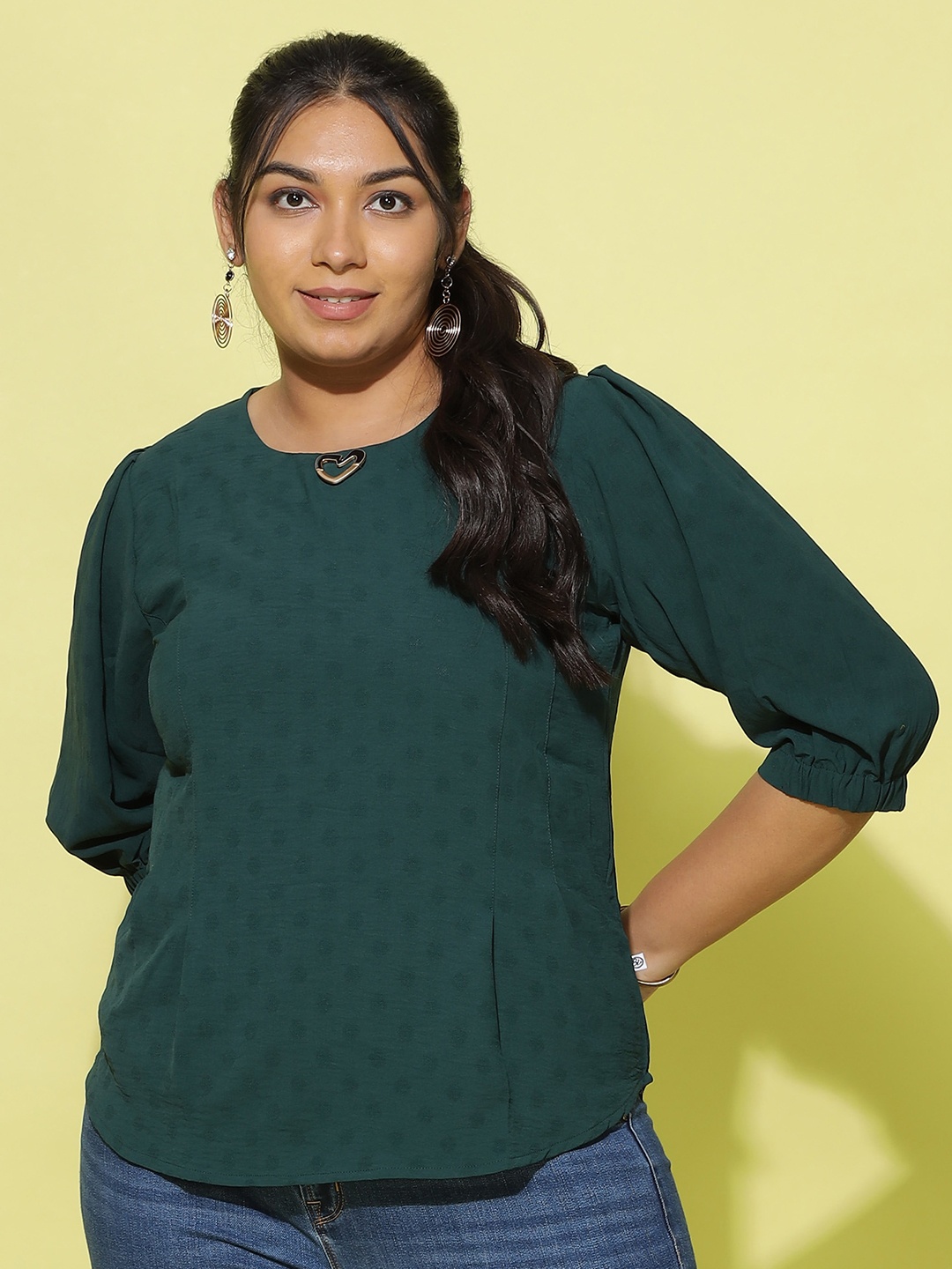 

9shines Label Plus Size Floral Self Design Puff Sleeves Top, Green