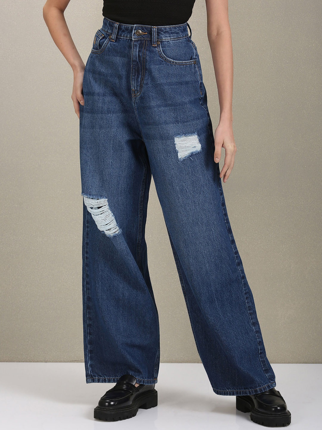 

U.S. Polo Assn. Women Wide Leg High-Rise Mildly Distressed Light Fade Jeans, Blue