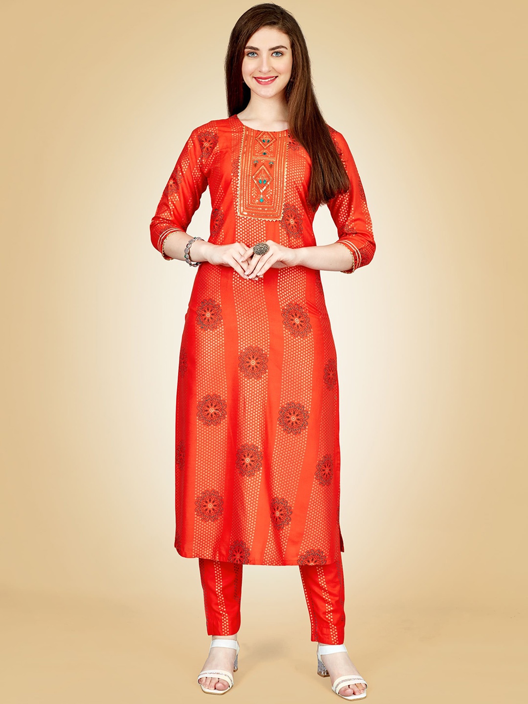 BAPS Floral Printed Regular Gotta Patti Kurta with Trousers, Orange