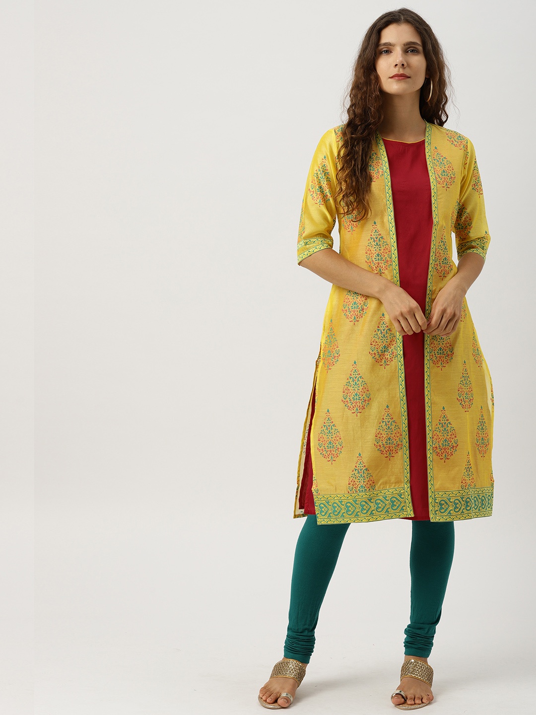 

IMARA Women Yellow & Red Printed A-Line Layered Kurta