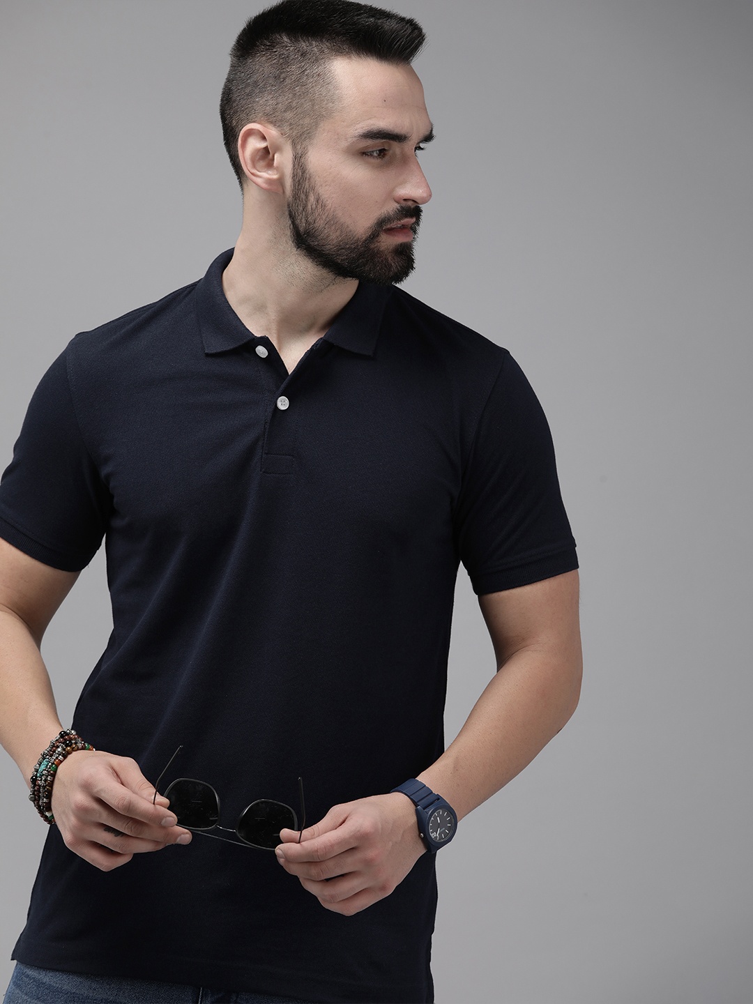 

Roadster Men Polo Collar T-shirt, Navy blue