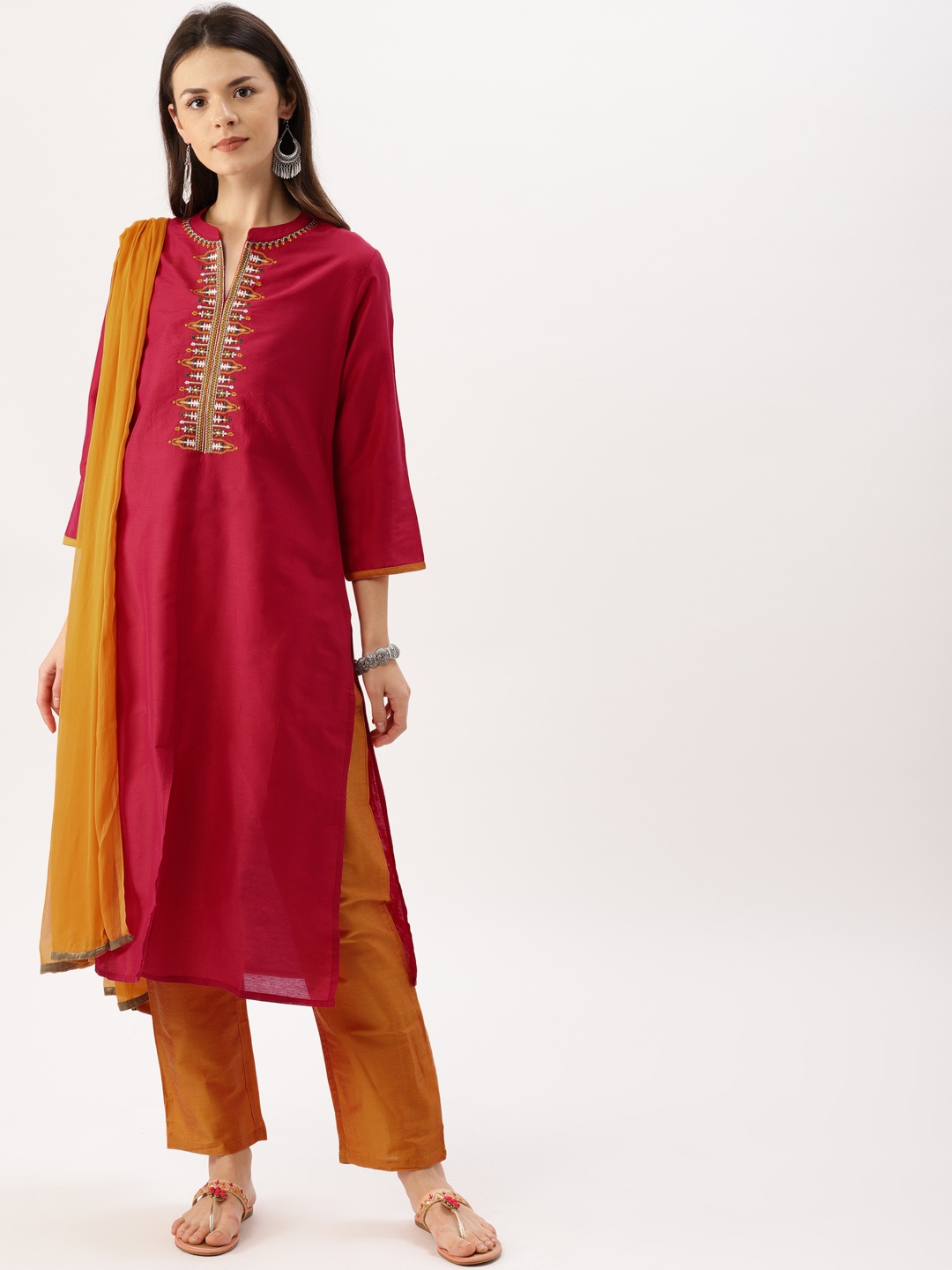 

IMARA Women Pink & Orange Solid Kurta with Churidar & Dupatta