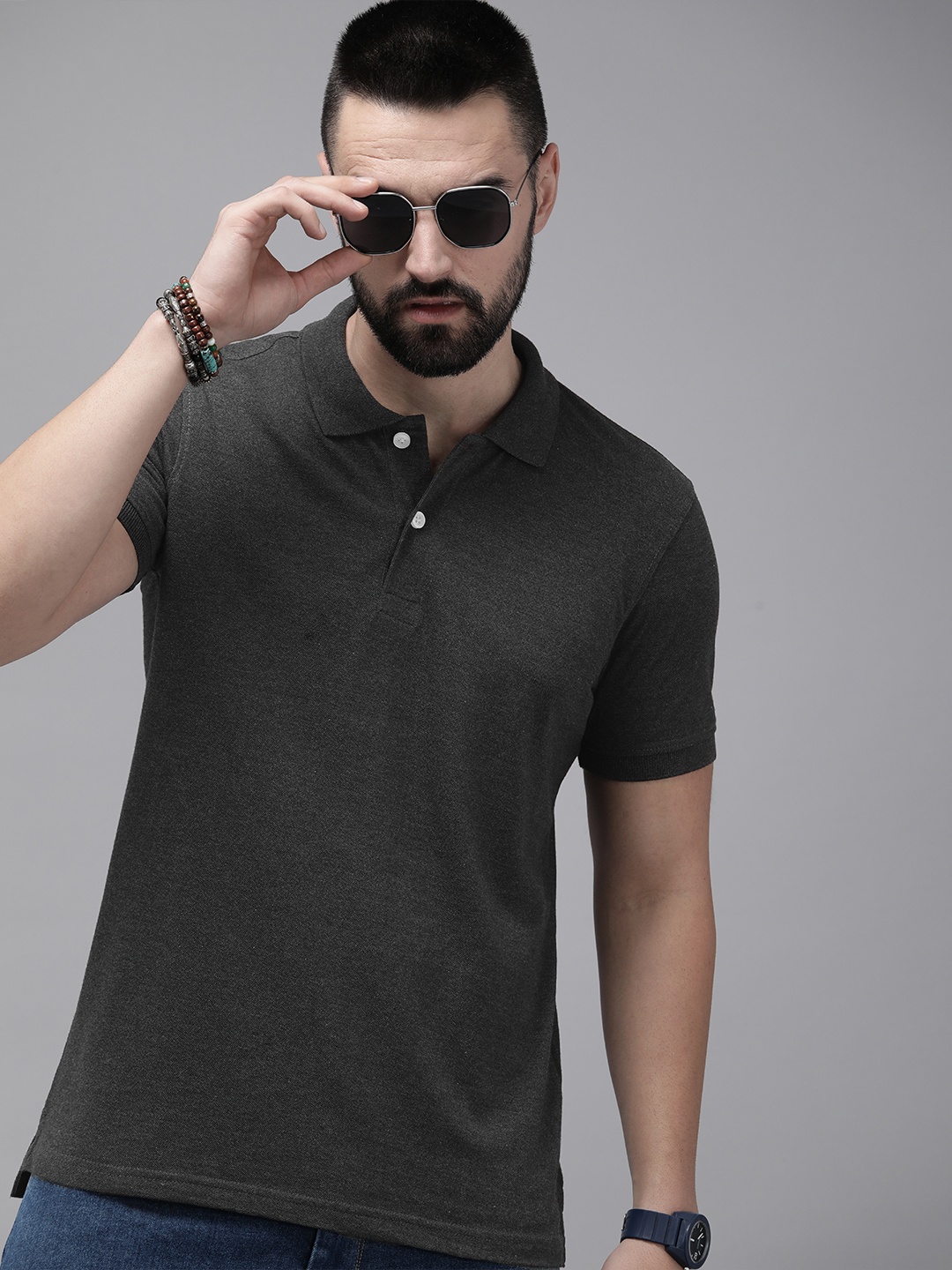 

Roadster Men Polo Collar T-shirt, Charcoal