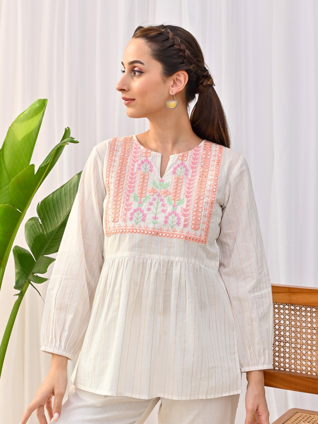 

Rustorange Floral Embroidered Peplum Pure Cotton Top, White