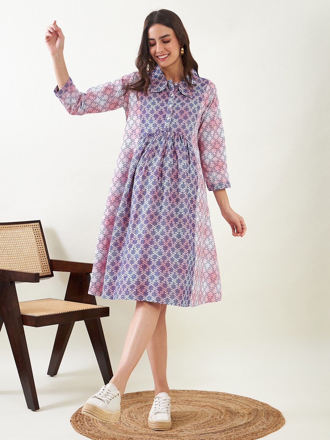 

The Kaftan Company Geometric Printed Cotton Gathered Or Pleated Maternity Shirt Dress, Pink