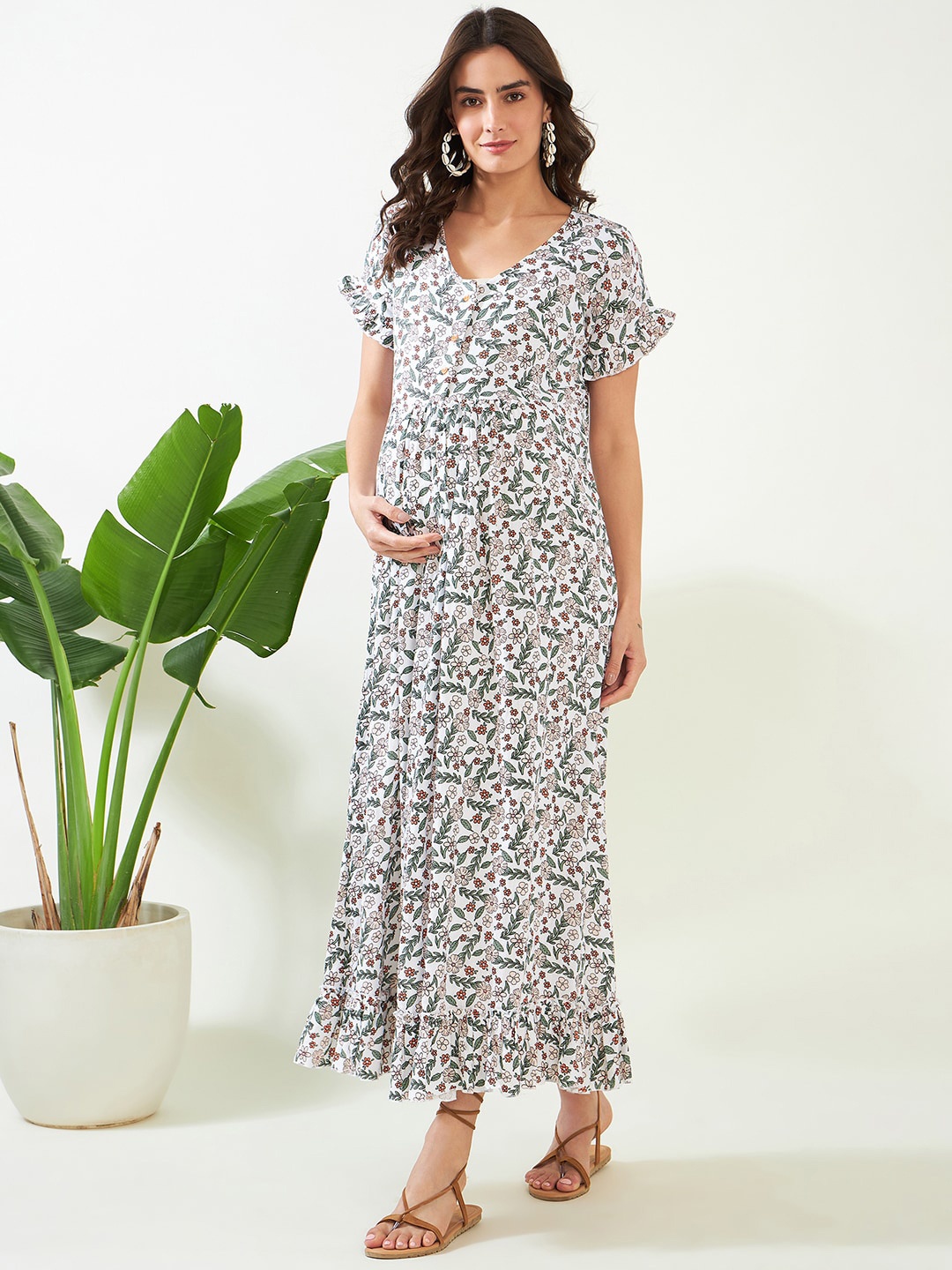 

The Kaftan Company Floral Print Maternity & Nursing Fit & Flare Midi Cotton Dress, White