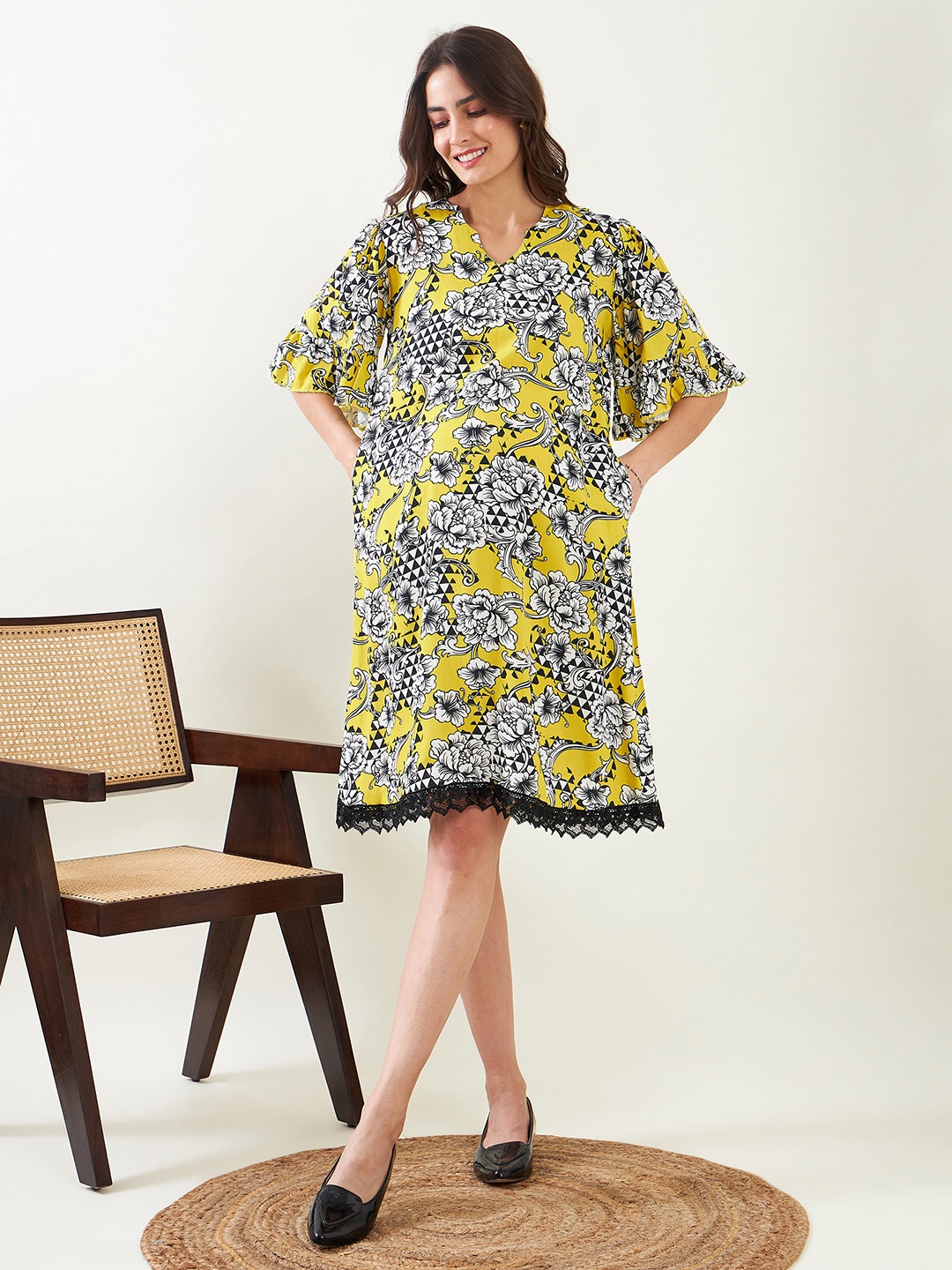 

The Kaftan Company Floral Print Flared Sleeve Maternity A-Line Cotton Dress, Yellow