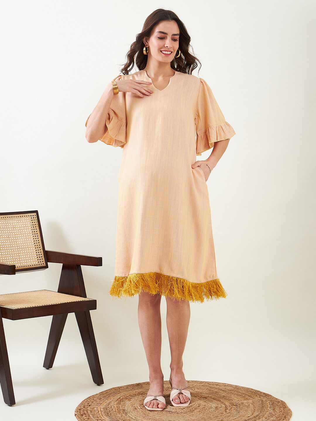 

The Kaftan Company Flared Sleeve Fringed Maternity A-Line Dress, Beige