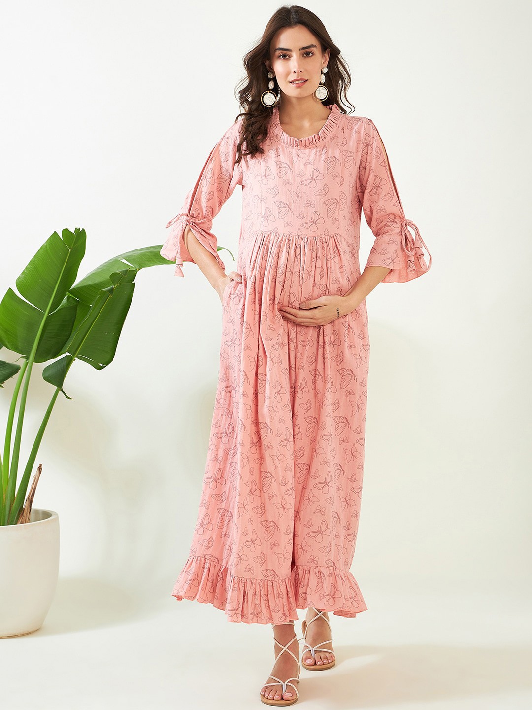 

The Kaftan Company Graphic Printed Cotton Bell Sleeves Maternity Maxi Dress, Pink