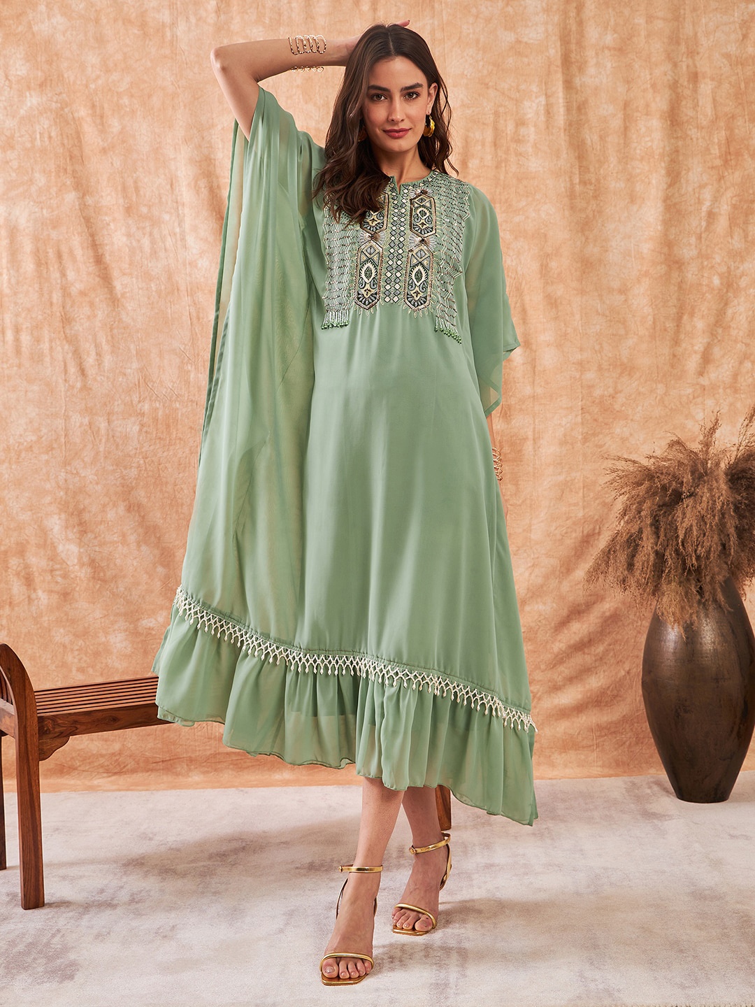 

The Kaftan Company Ethnic Motifs Embroidered Georgette Maternity A-Line Midi Dress, Green
