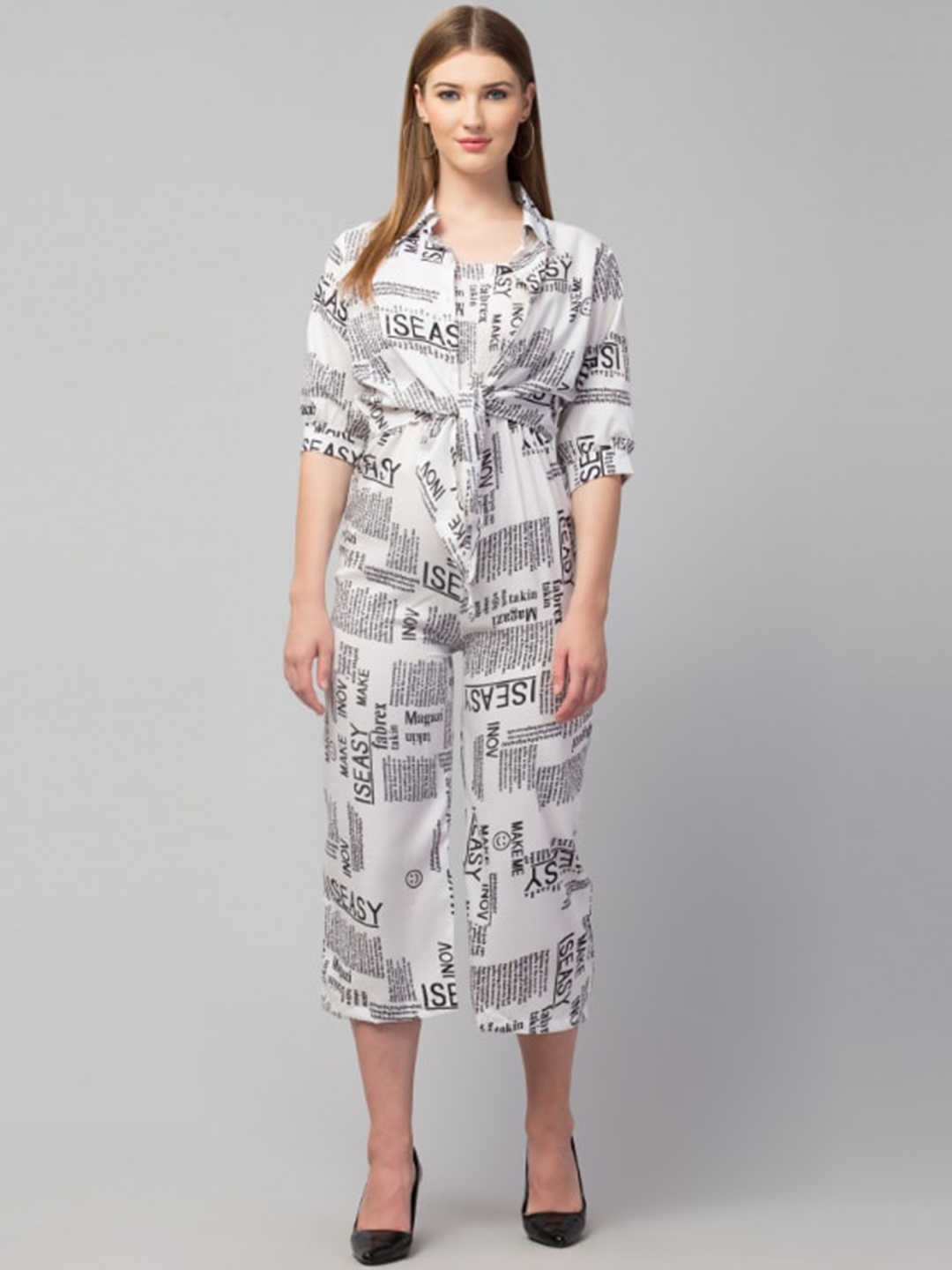 

GLITO Printed Shirt Collar Tie-Ups Jumpsuit, White