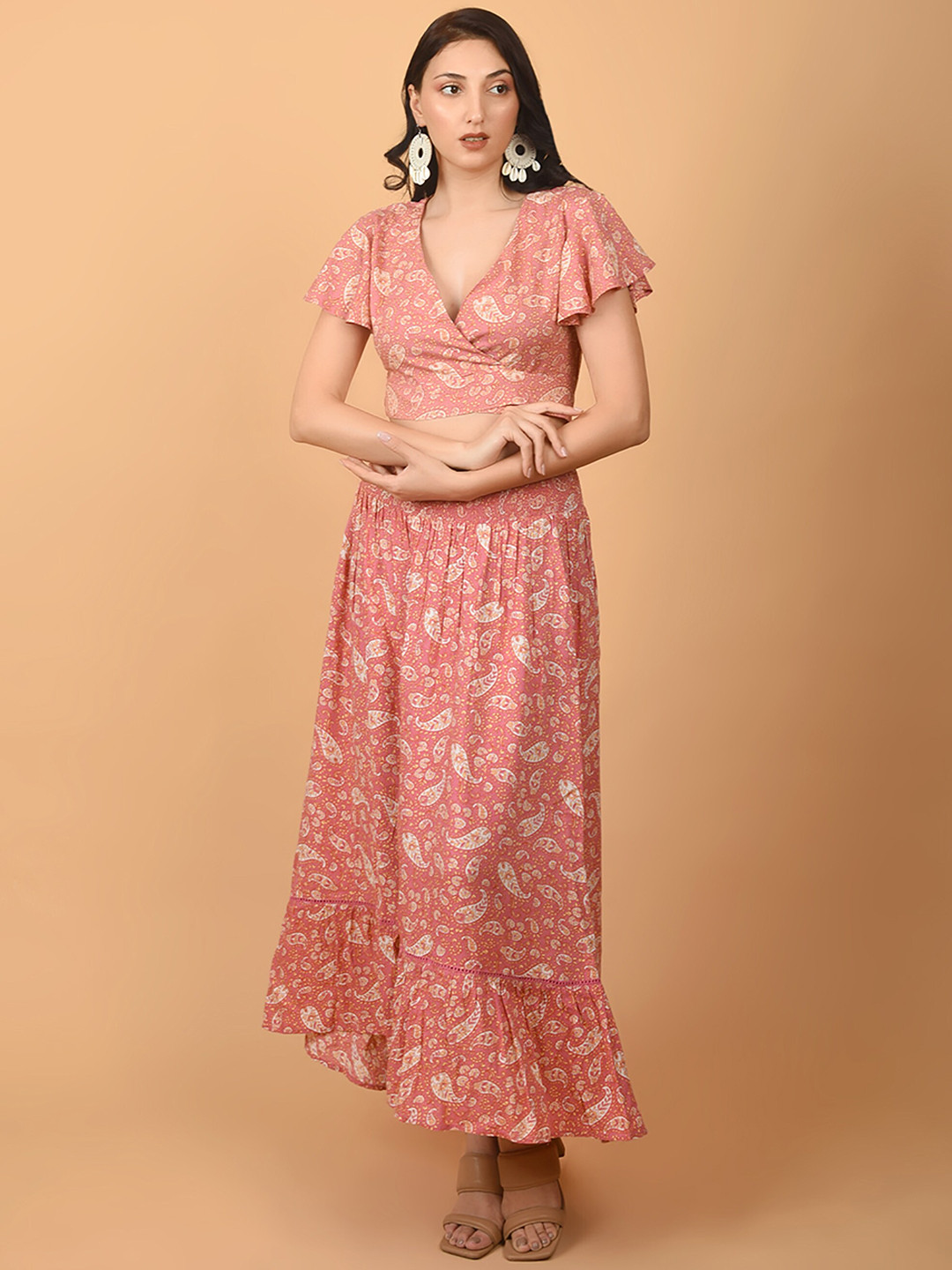 

FLAWLESS Printed V-Neck Top With Skirt, Pink