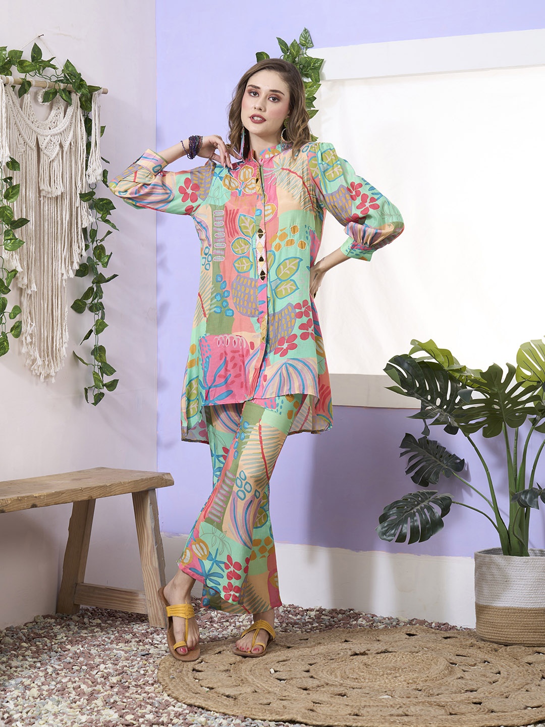 

ZOLA Tropical Printed Mandarin Collar Tunic With Trousers, Sea green