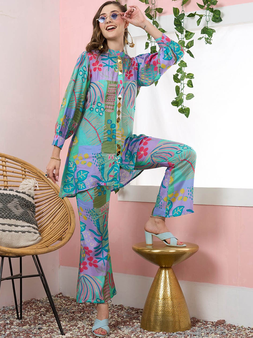 

ZOLA Tropical Printed Mandarin Collar Tunic With Trouser, Violet