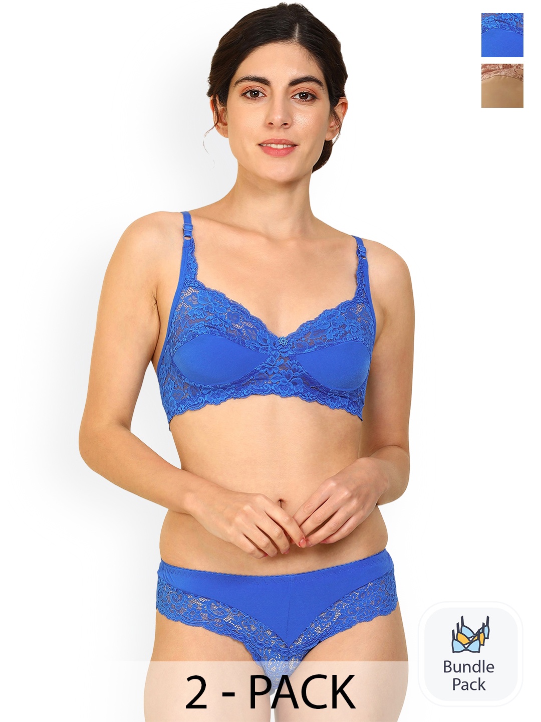 PIBU Pack Of 2 Non Padded Cotton Laced Lingerie Set F_T-Stich_Blue,Brown_30