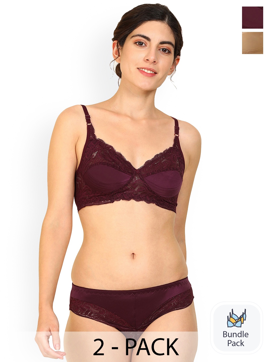 

PIBU Pack Of 2 Laced Cotton Lingerie Set, Purple