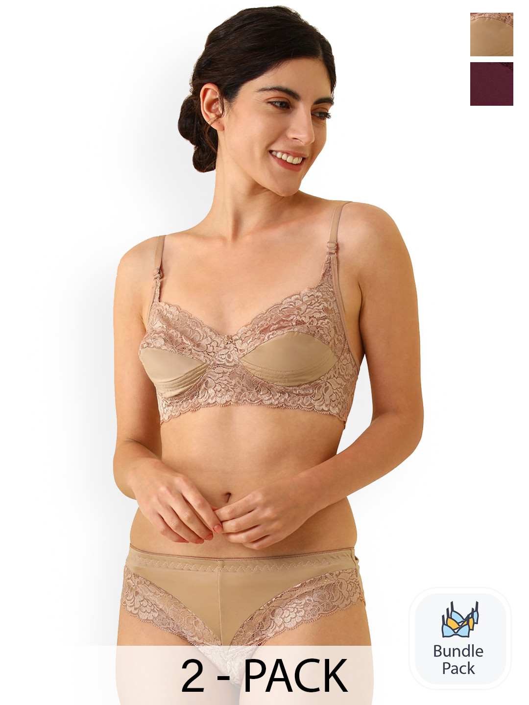 

PIBU Pack Of 2 Non Padded Laced Lingerie Set F_T-Stich_Maroon,Brown_30
