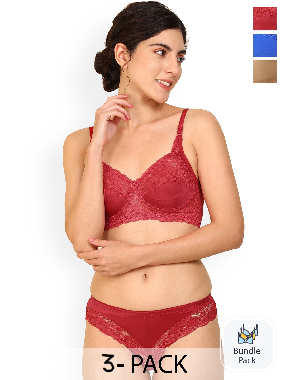 PIBU Pack Of 3 Laced Cotton Lingerie Set, Blue