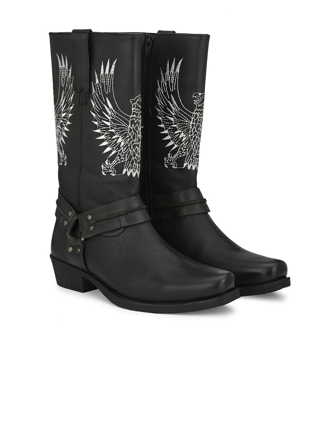 

Delize Men Embroidered Leather Riding Boots, Black