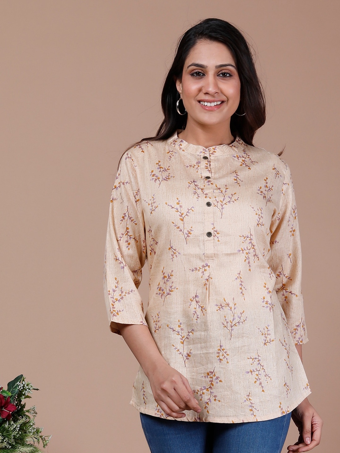 

misbis Floral Print Pure Cotton Top, Beige