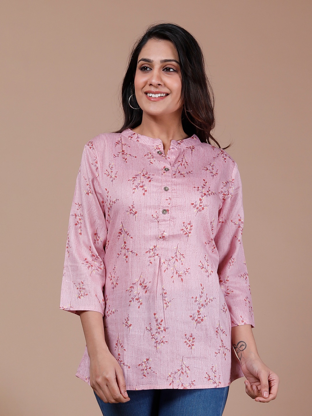

misbis Floral Print Mandarin Collar Pure Cotton Top, Pink