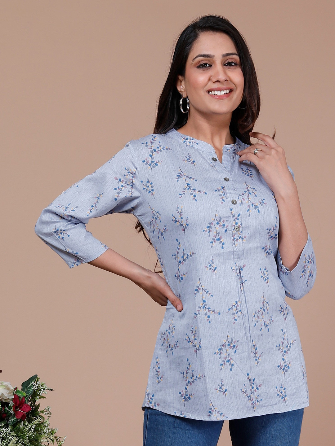 

misbis Floral Printed Cotton Regular Top, Blue