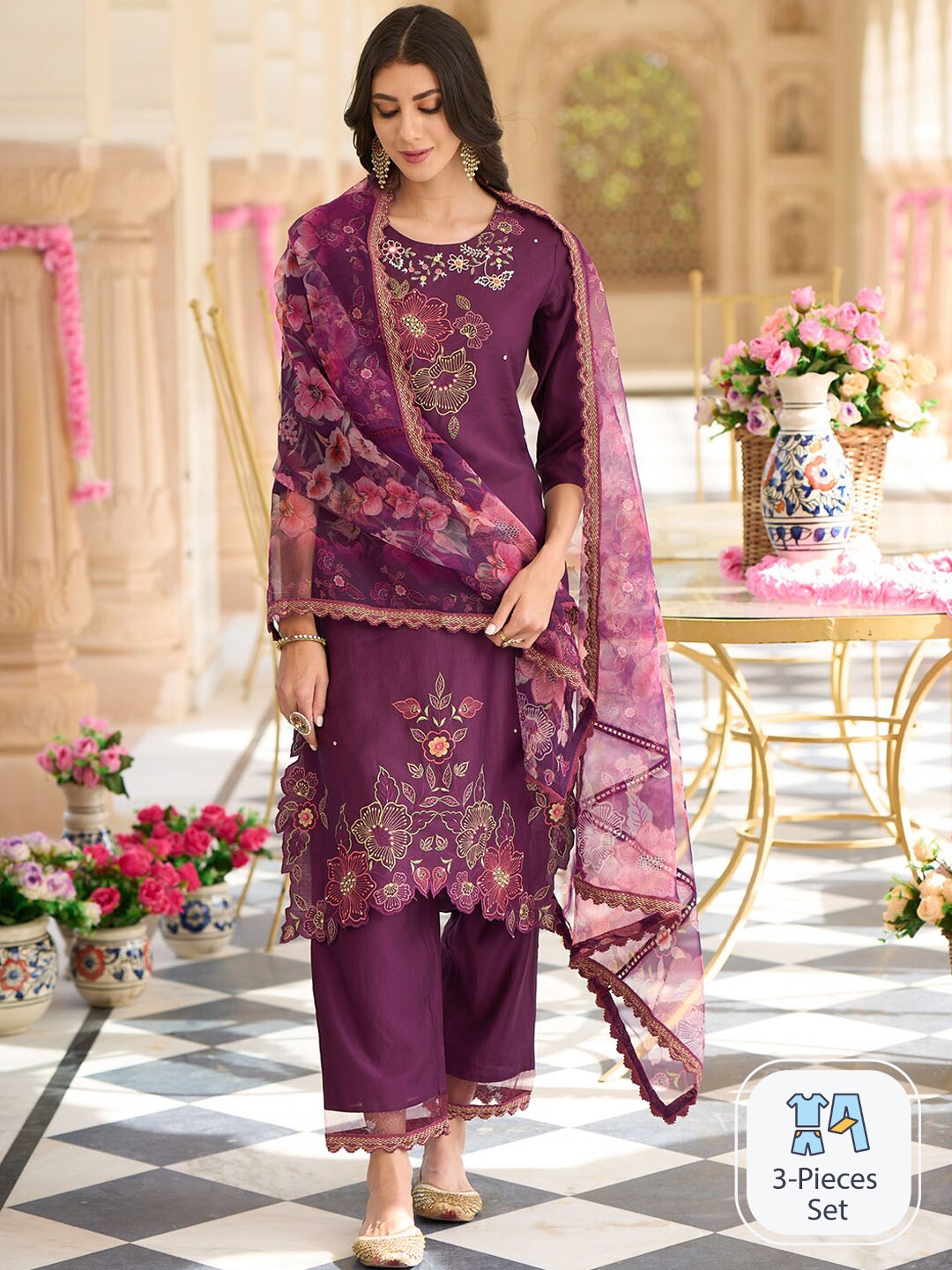 Indo Era Floral Embroidered Regular Thread Work Kurta With Trousers & Dupatta, Burgundy