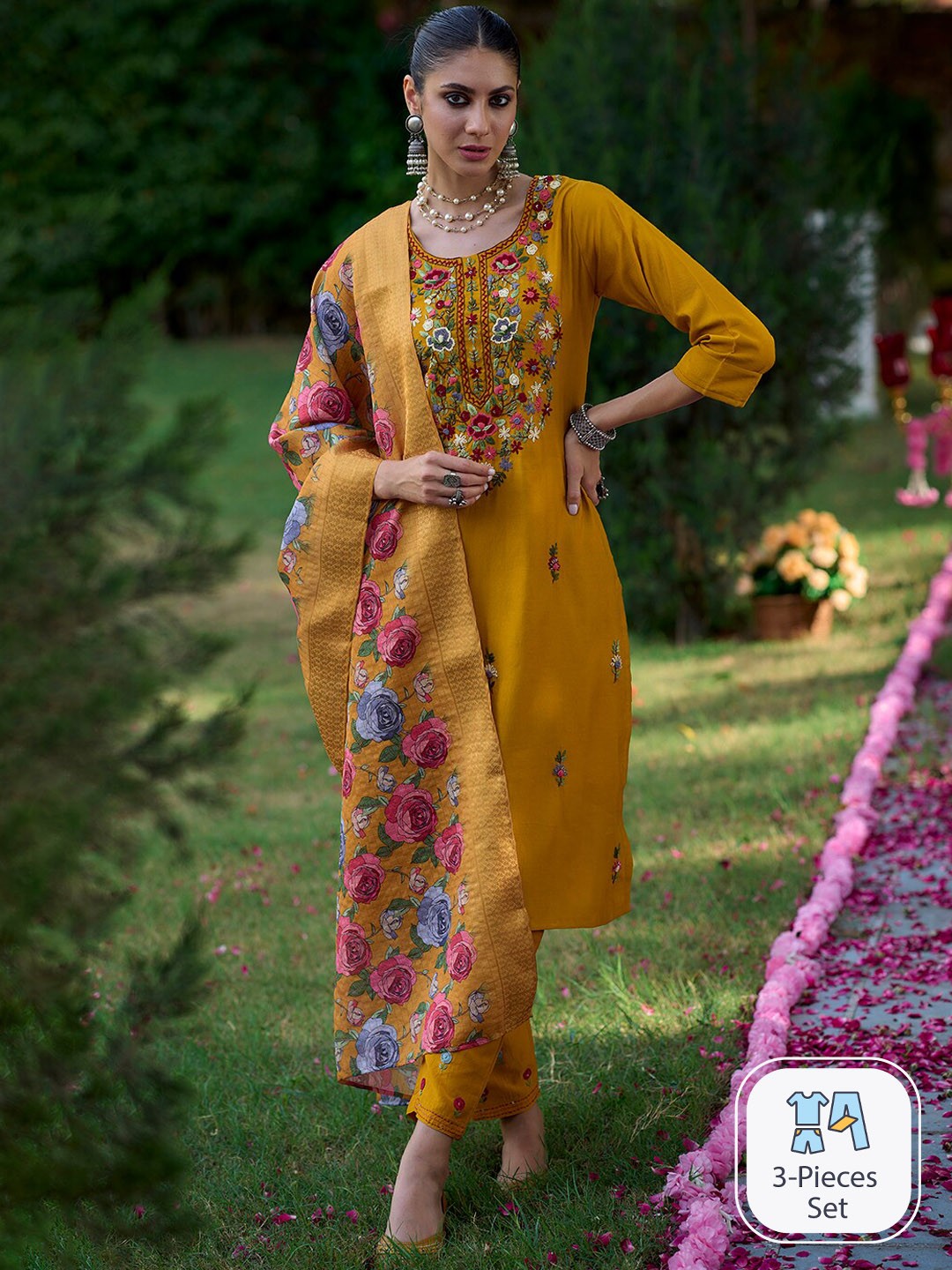 

Indo Era Floral Embroidered Regular Thread Work Kurta With Trousers & Dupatta, Mustard