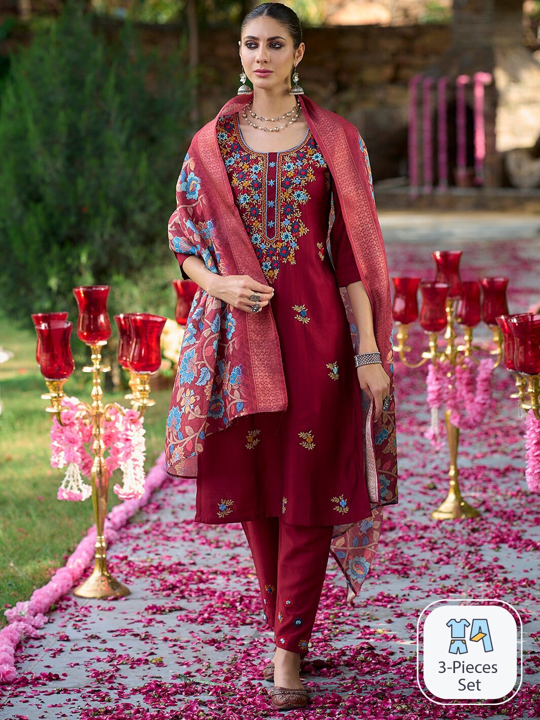 

Indo Era Floral Embroidered Thread Work Kurta With Trousers & Dupatta, Maroon