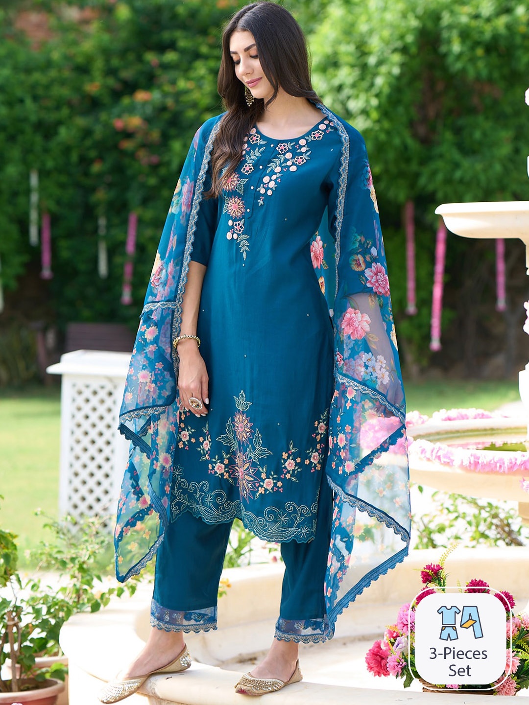 

Indo Era Floral Embroidered Thread Work Kurta With Trousers & Dupatta, Blue