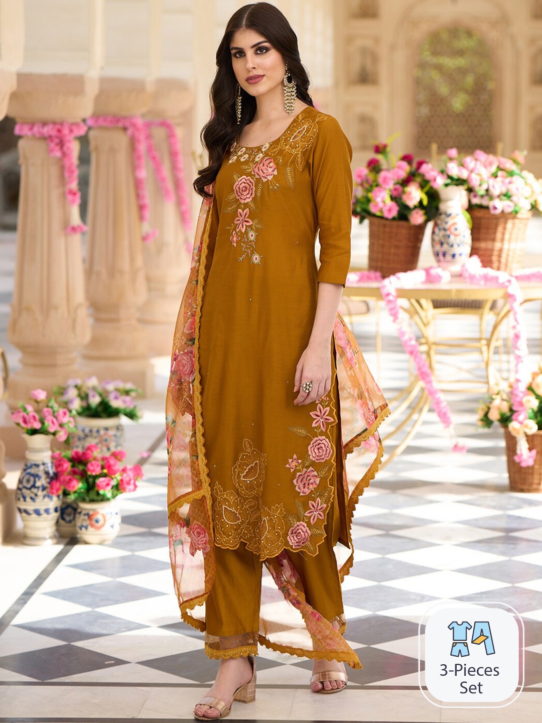 

Indo Era Floral Embroidered Thread Work Kurta With Trousers & Dupatta, Mustard
