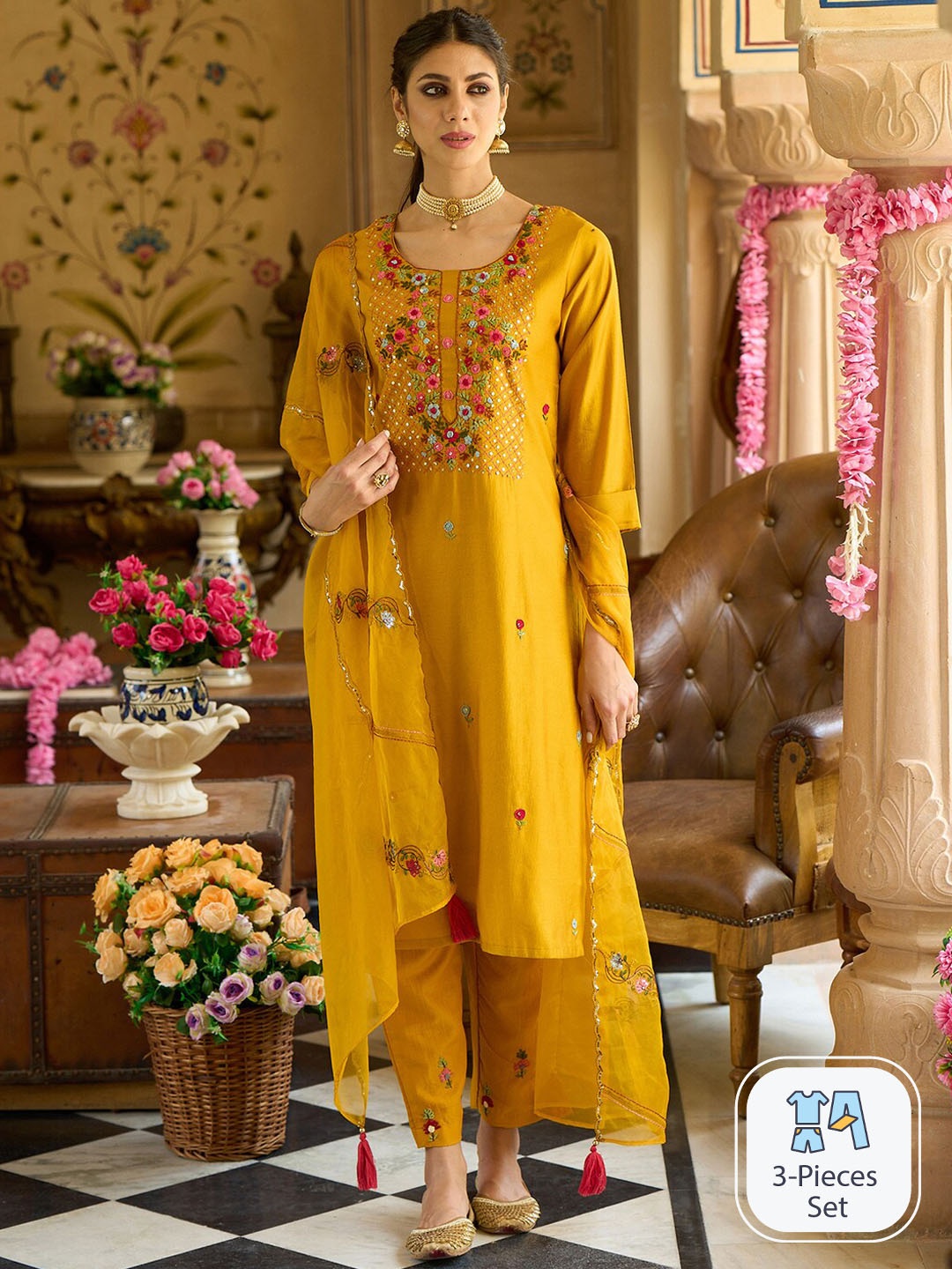

Indo Era Floral Embroidered Thread Work Kurta With Trousers & Dupatta, Mustard