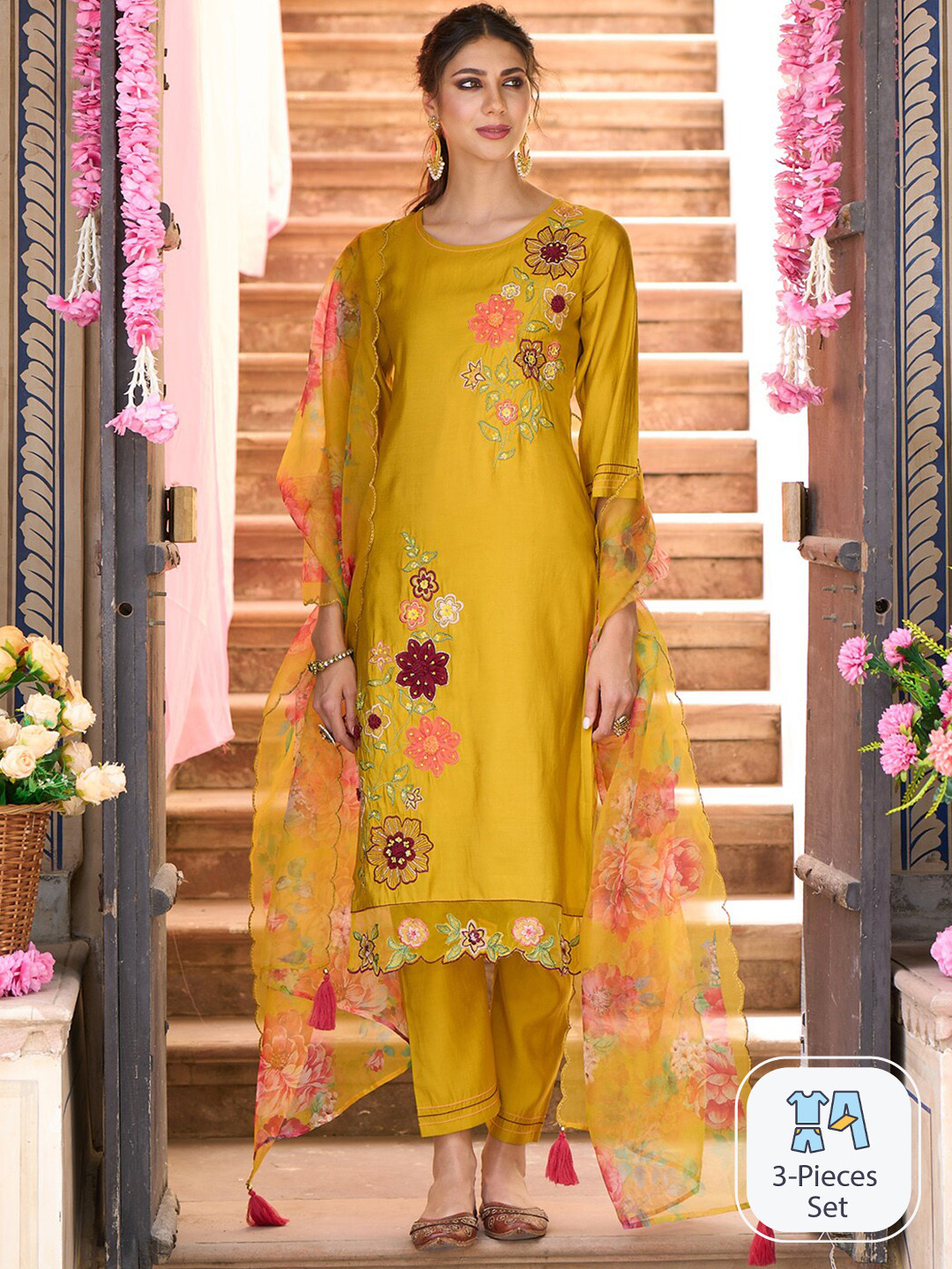 

Indo Era Floral Embroidered Thread Work Kurta With Trousers & Dupatta, Yellow