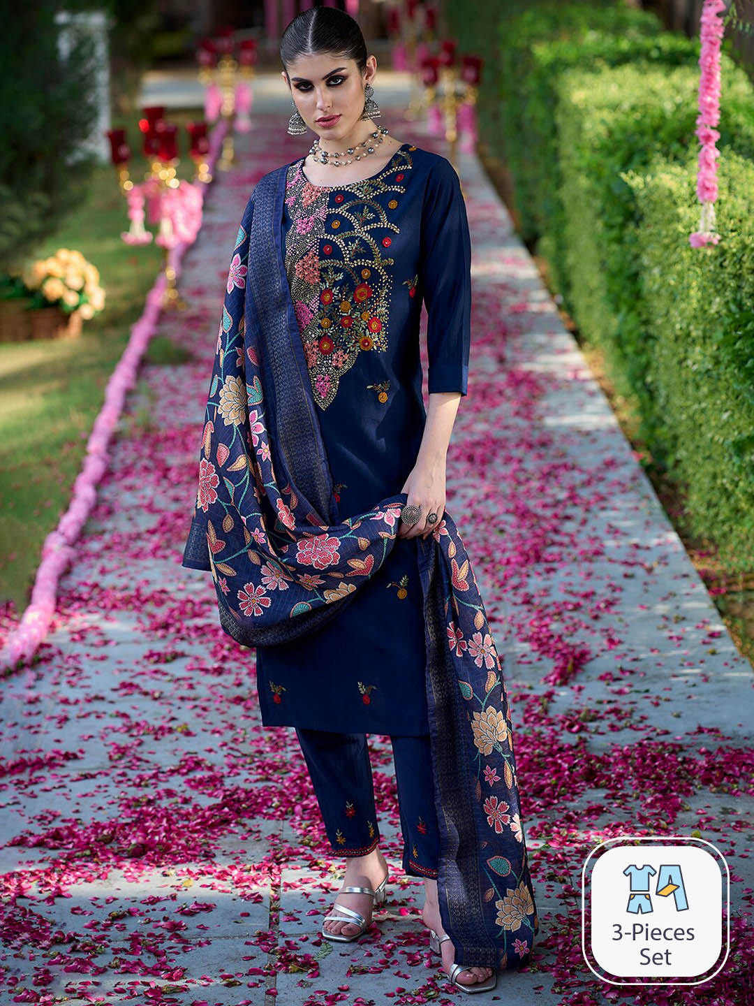 

Indo Era Floral Embroidered Thread Work Kurta With Trousers & Dupatta, Blue