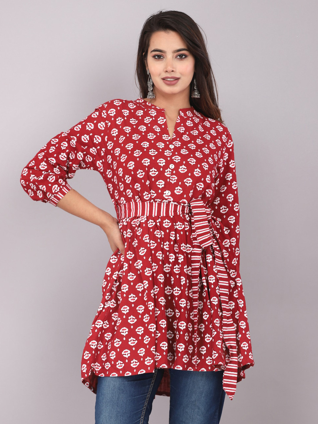 

JC4U Mandarin Collar Printed Belted Tunic, Maroon