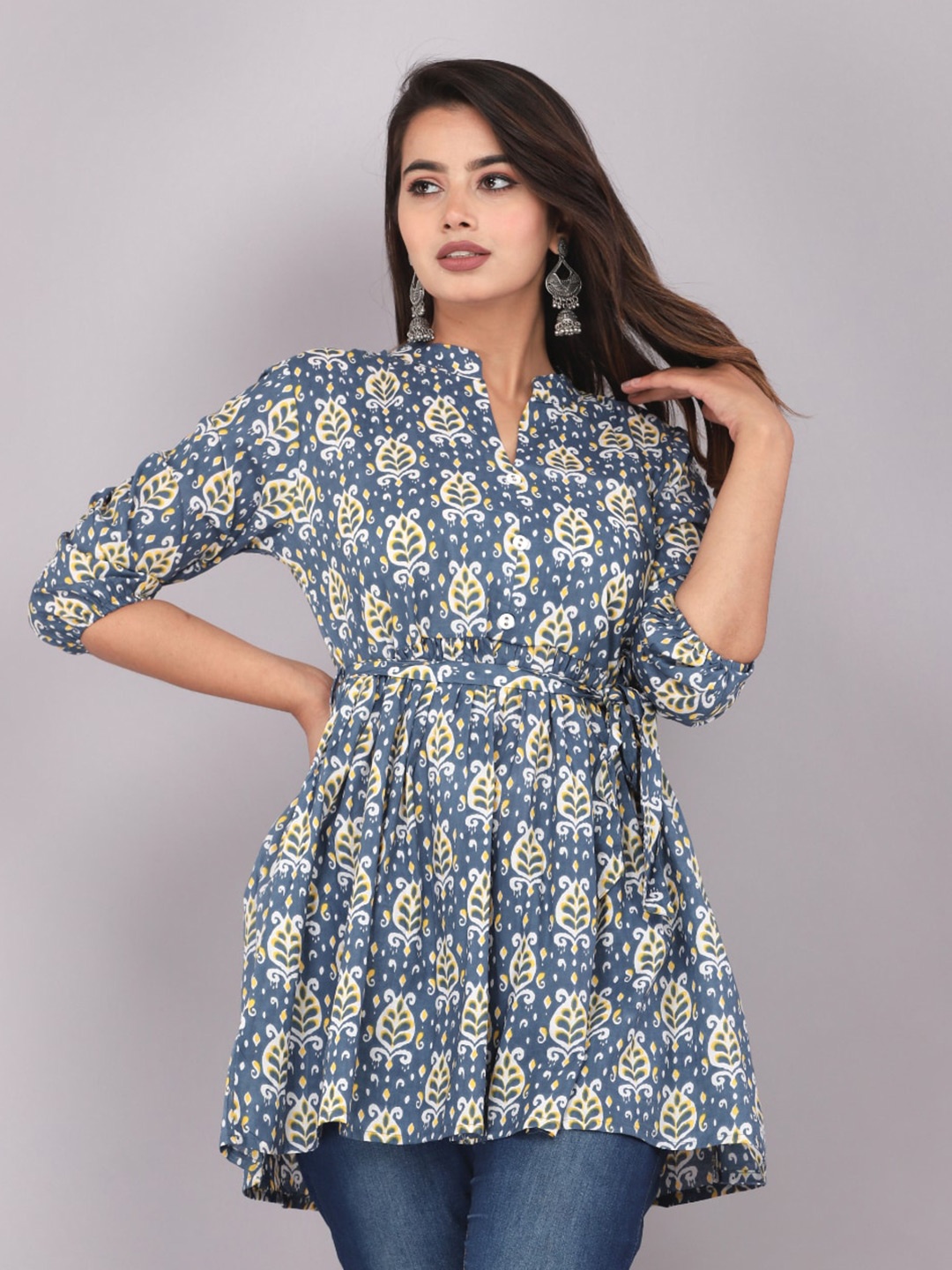 

JC4U Ethnic Motifs Printed Mandarin Collar Cotton Tunic, Blue
